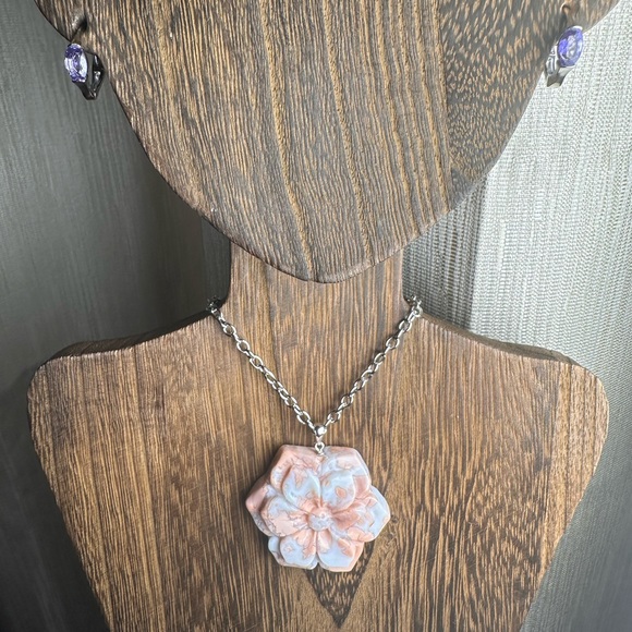 Pink Agate (“Cotton Candy Agate”) Flower Pendant on Stainless Steel Chain - Picture 2 of 14
